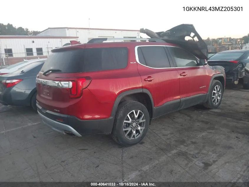 2021 GMC Acadia Awd Sle VIN: 1GKKNRL43MZ205301 Lot: 40641033