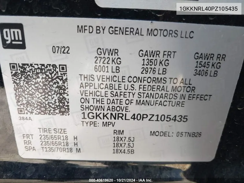 2023 GMC Acadia Sle VIN: 1GKKNRL40PZ105435 Lot: 40619620