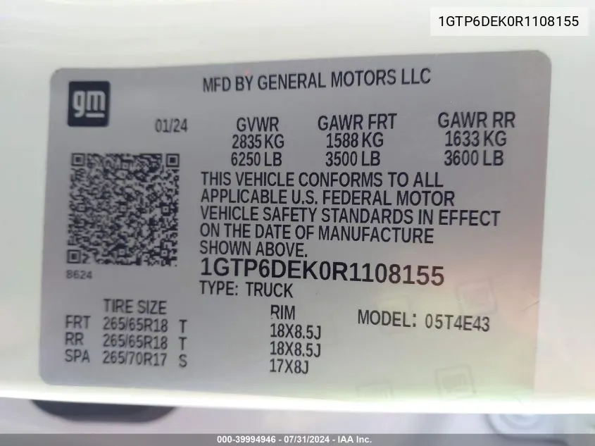 2024 GMC Canyon 4Wd At4 VIN: 1GTP6DEK0R1108155 Lot: 39994946