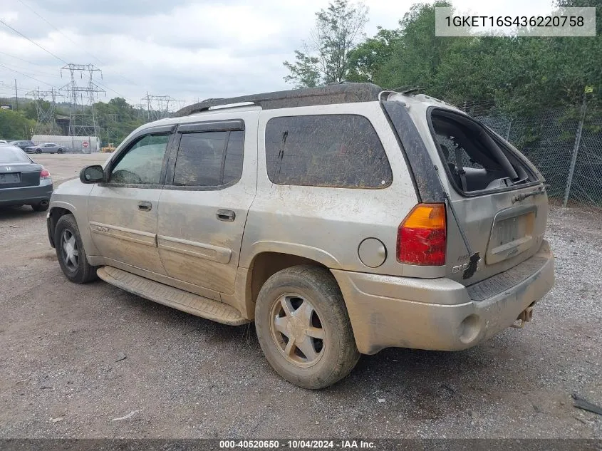 2003 GMC Envoy Xl Sle VIN: 1GKET16S436220758 Lot: 40520650