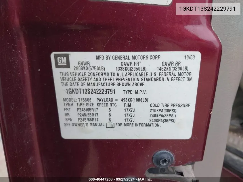 2004 GMC Envoy Sle VIN: 1GKDT13S242229791 Lot: 40447208