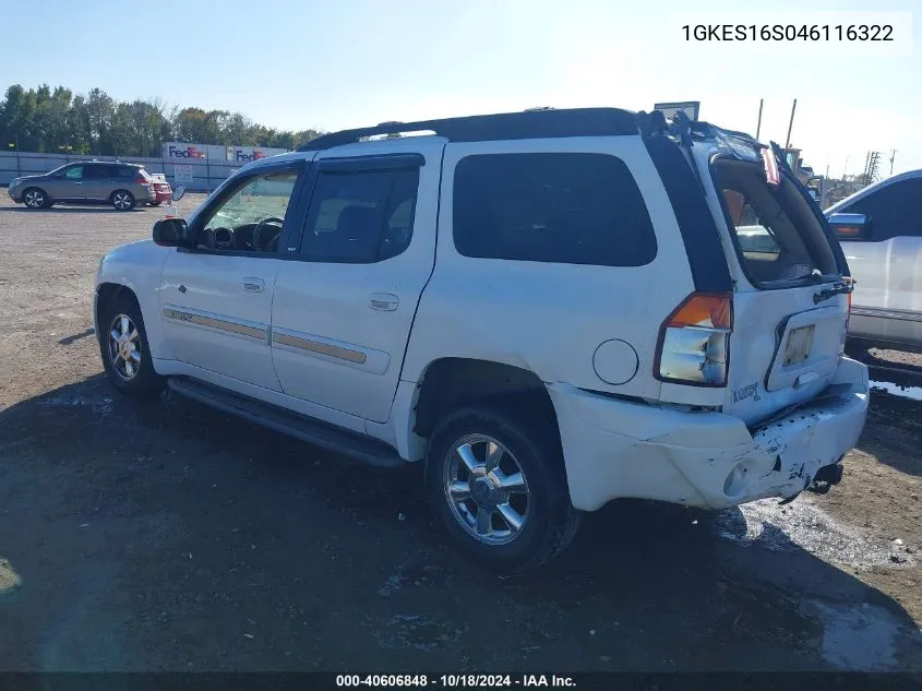 2004 GMC Envoy Xl Slt VIN: 1GKES16S046116322 Lot: 40606848