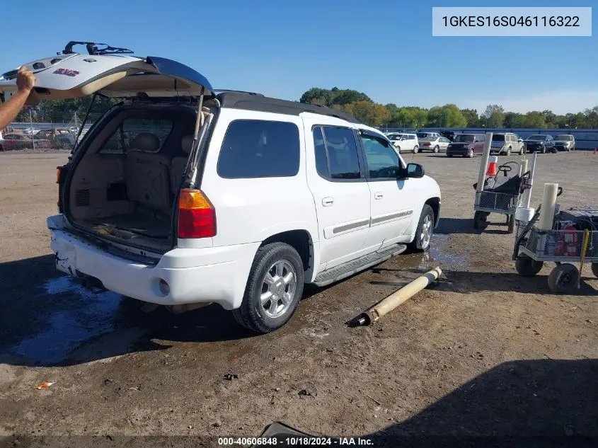 2004 GMC Envoy Xl Slt VIN: 1GKES16S046116322 Lot: 40606848