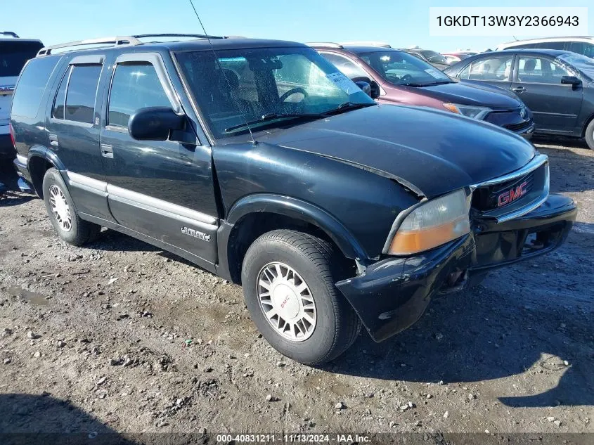 2000 GMC Jimmy Sle VIN: 1GKDT13W3Y2366943 Lot: 40831211