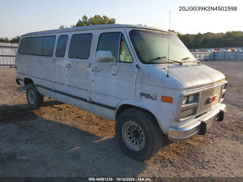 1992 GMC Rally Wagon G3500 VIN: 2GJGG39K3N4502598 Lot: 40581235