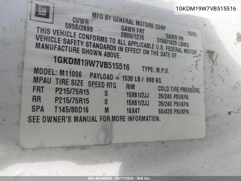 1GKDM19W7VB515516 1997 GMC Safari Xt