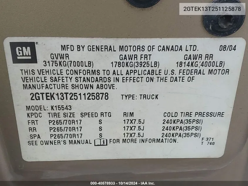 2GTEK13T251125878 2005 GMC Sierra 1500 Sle