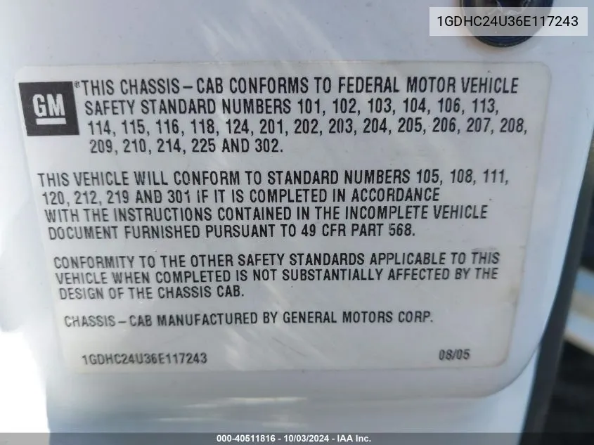 2006 GMC Sierra 2500Hd Sle1 VIN: 1GDHC24U36E117243 Lot: 40511816