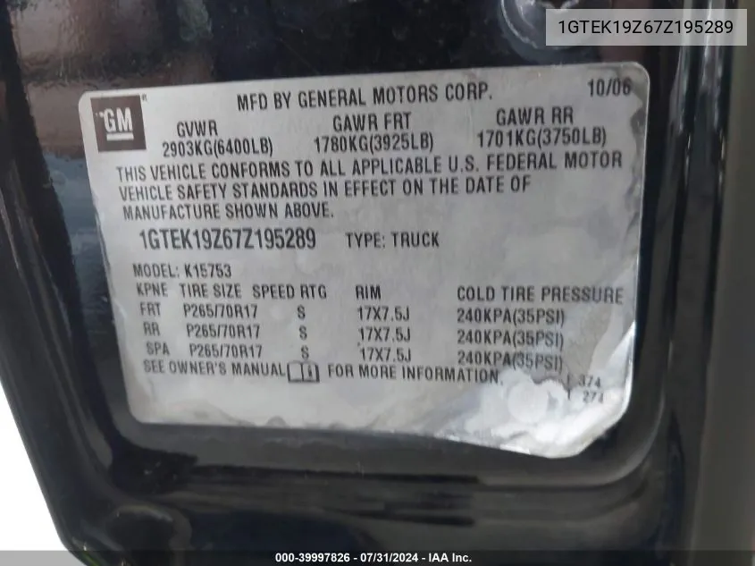 1GTEK19Z67Z195289 2007 GMC Sierra 1500 Classic Sle1