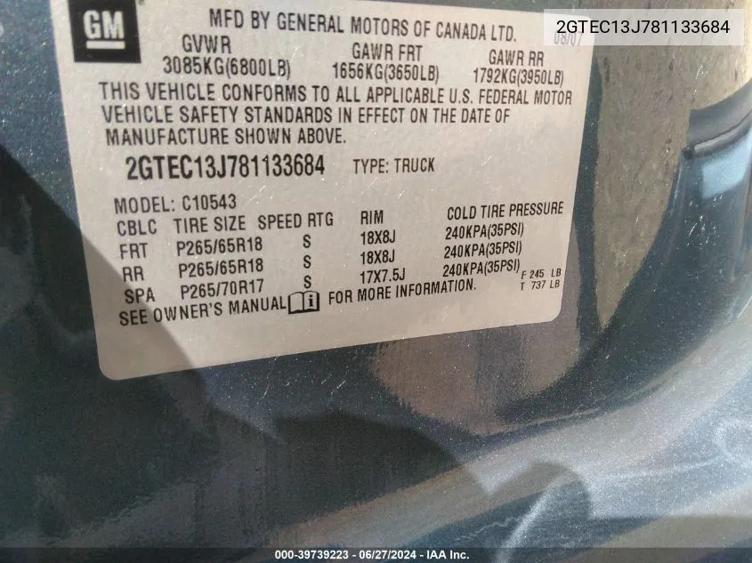 2GTEC13J781133684 2008 GMC Sierra 1500 Slt