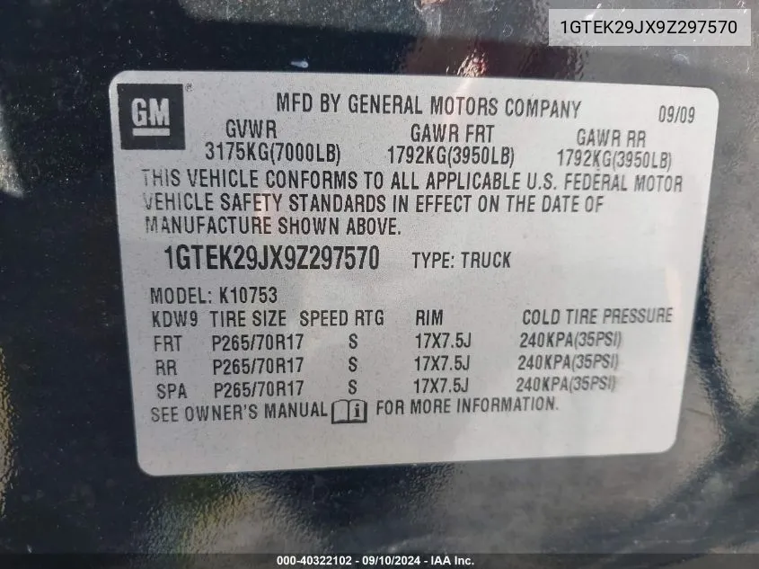 1GTEK29JX9Z297570 2009 GMC Sierra K1500 Sle