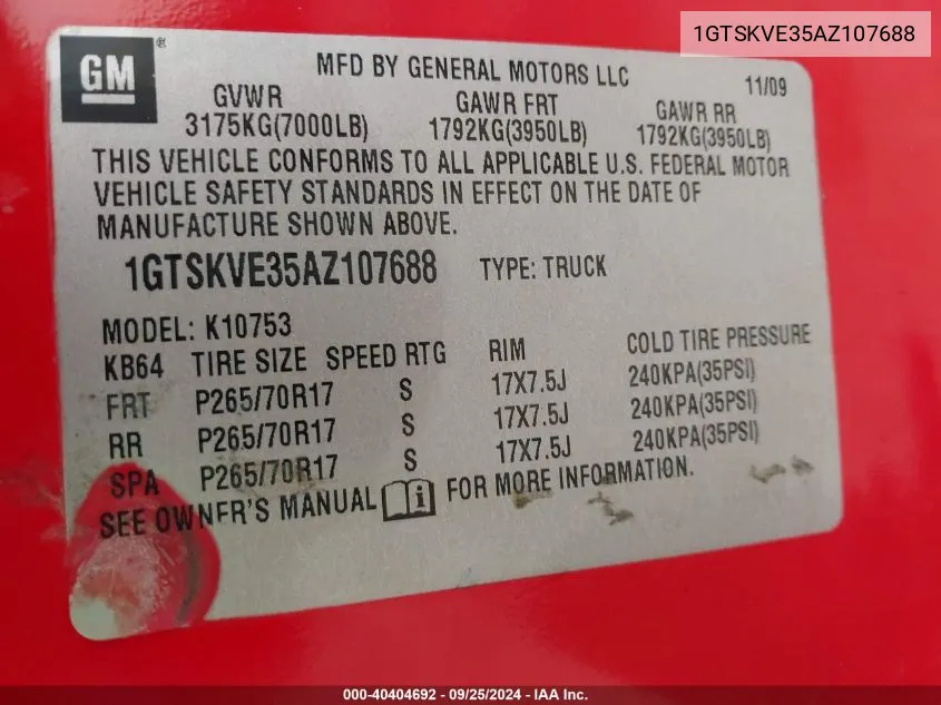 1GTSKVE35AZ107688 2010 GMC Sierra 1500 Sle