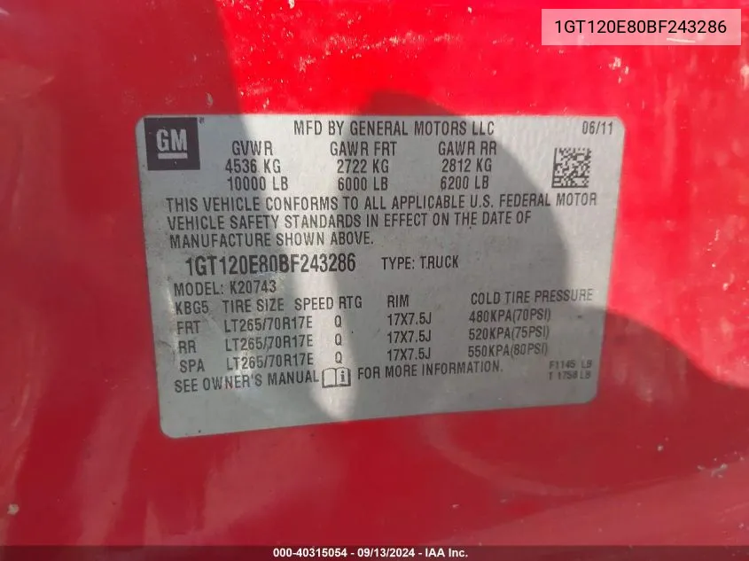 1GT120E80BF243286 2011 GMC Sierra K2500 Sle