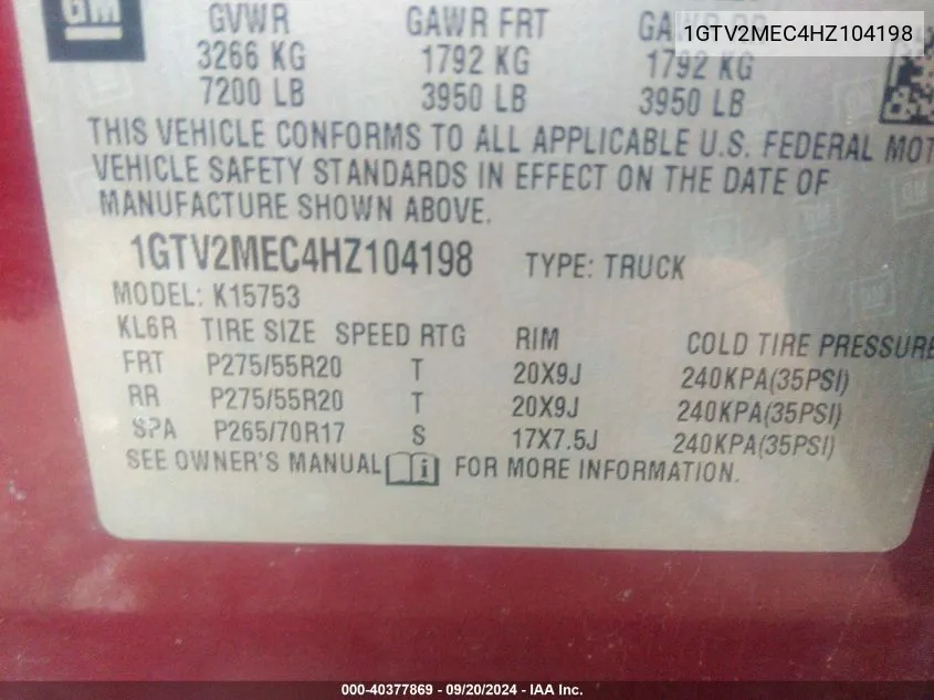 1GTV2MEC4HZ104198 2017 GMC Sierra 1500 Sle