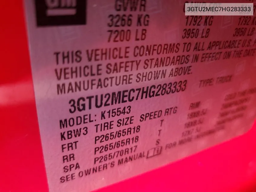 3GTU2MEC7HG283333 2017 GMC Sierra 1500 Sle