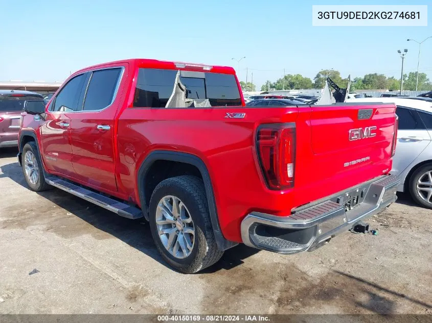 2019 GMC Sierra 1500 K1500 Slt VIN: 3GTU9DED2KG274681 Lot: 40150169