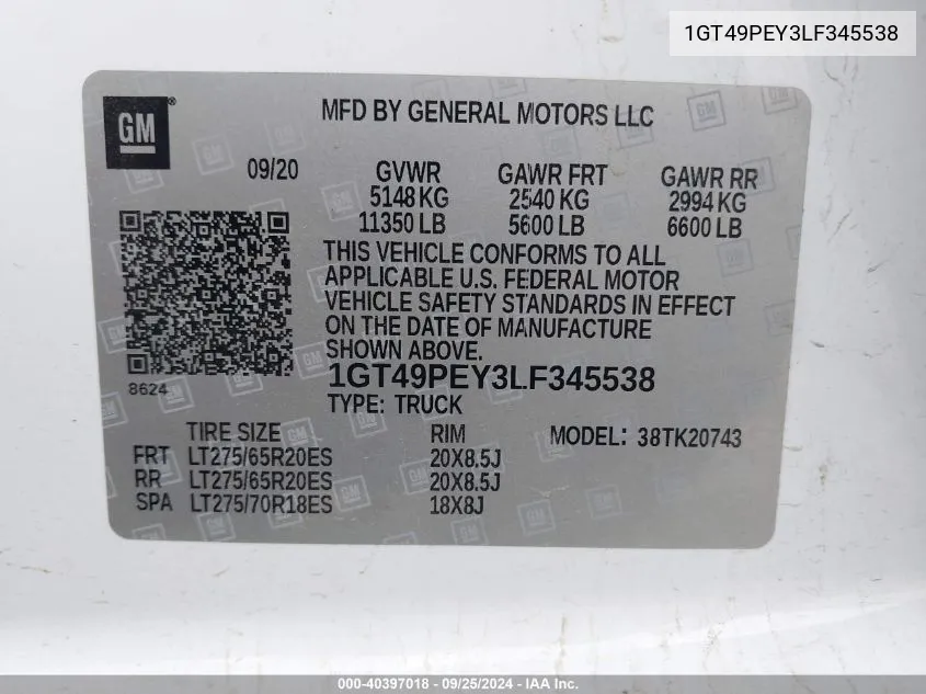 2020 GMC Sierra 2500Hd 4Wd Standard Bed At4 VIN: 1GT49PEY3LF345538 Lot: 40397018