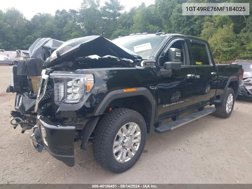 2021 GMC Sierra 2500Hd 4Wd Standard Bed Denali VIN: 1GT49RE76MF184025 Lot: 40106451