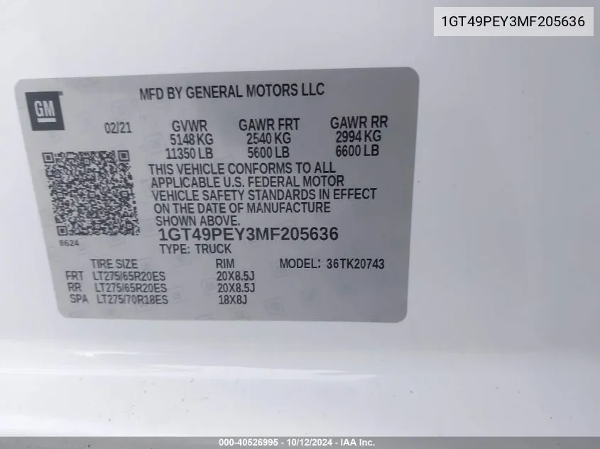 2021 GMC Sierra 2500Hd 4Wd Standard Bed At4 VIN: 1GT49PEY3MF205636 Lot: 40526995