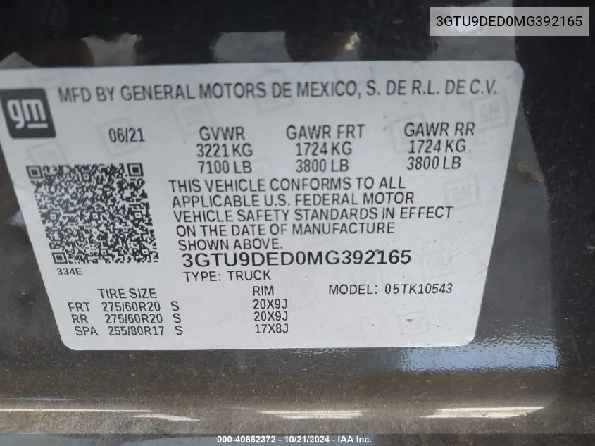 2021 GMC Sierra 1500 K1500 Slt VIN: 3GTU9DED0MG392165 Lot: 40652372