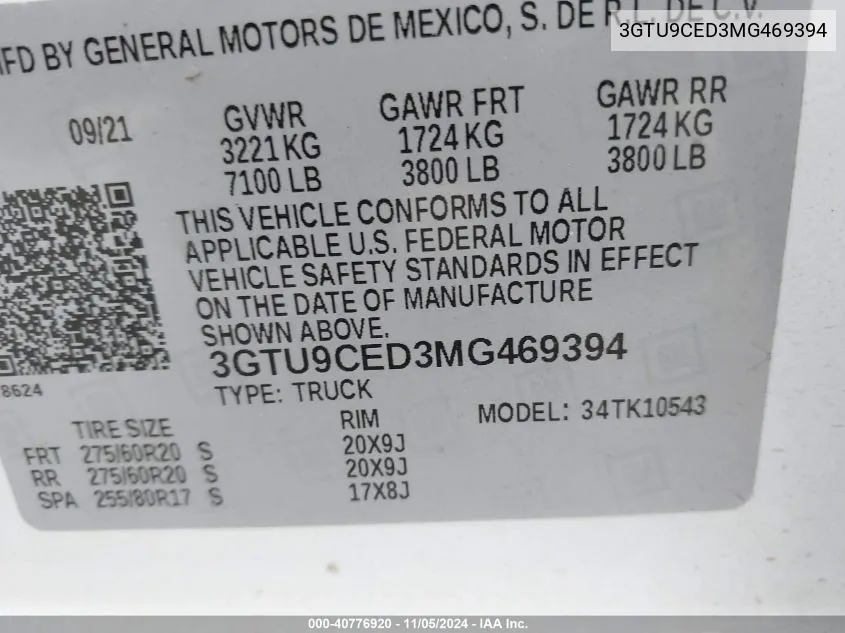 2021 GMC Sierra 1500 4Wd Short Box Elevation VIN: 3GTU9CED3MG469394 Lot: 40776920