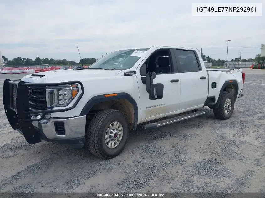 2022 GMC Sierra 2500Hd 4Wd Standard Bed Pro VIN: 1GT49LE77NF292961 Lot: 40519465