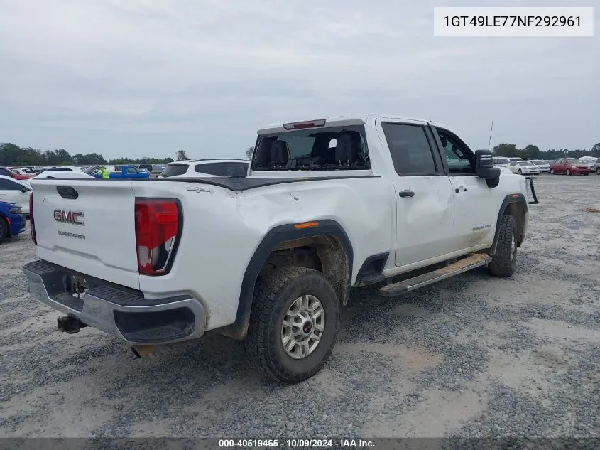 2022 GMC Sierra 2500Hd 4Wd Standard Bed Pro VIN: 1GT49LE77NF292961 Lot: 40519465