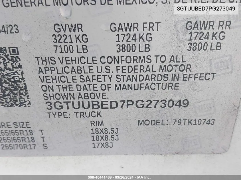 3GTUUBED7PG273049 2023 GMC Sierra K1500 Sle