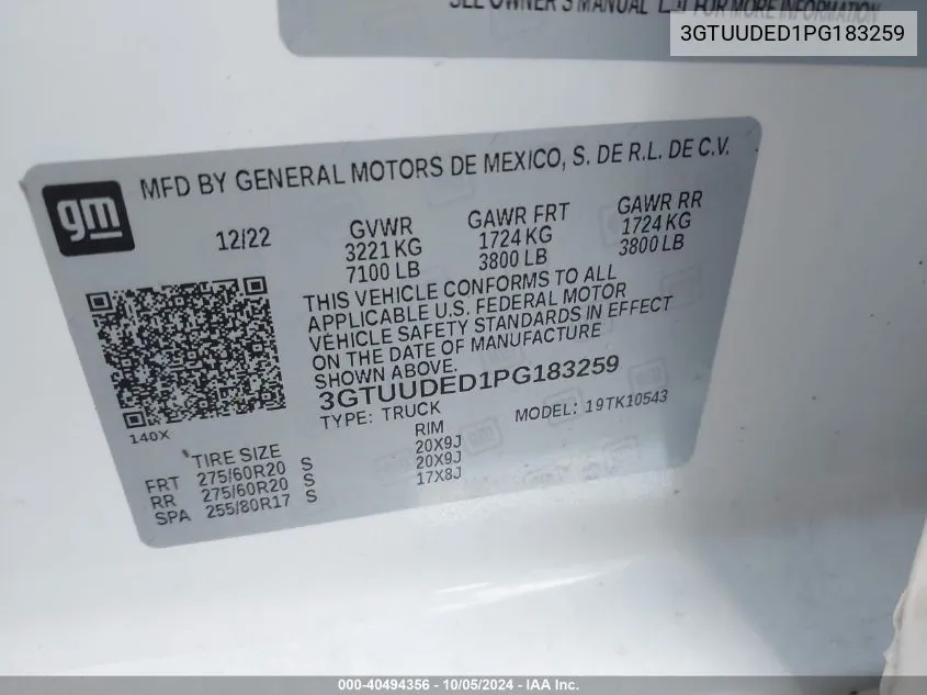 2023 GMC Sierra 1500 4Wd Short Box Slt VIN: 3GTUUDED1PG183259 Lot: 40494356