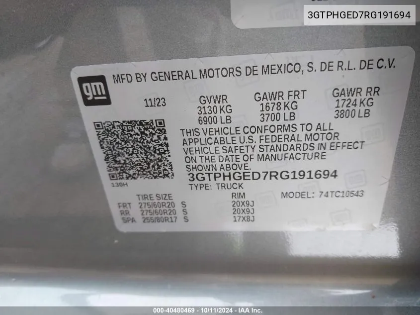 2024 GMC Sierra 1500 2Wd Short Box Denali VIN: 3GTPHGED7RG191694 Lot: 40480469