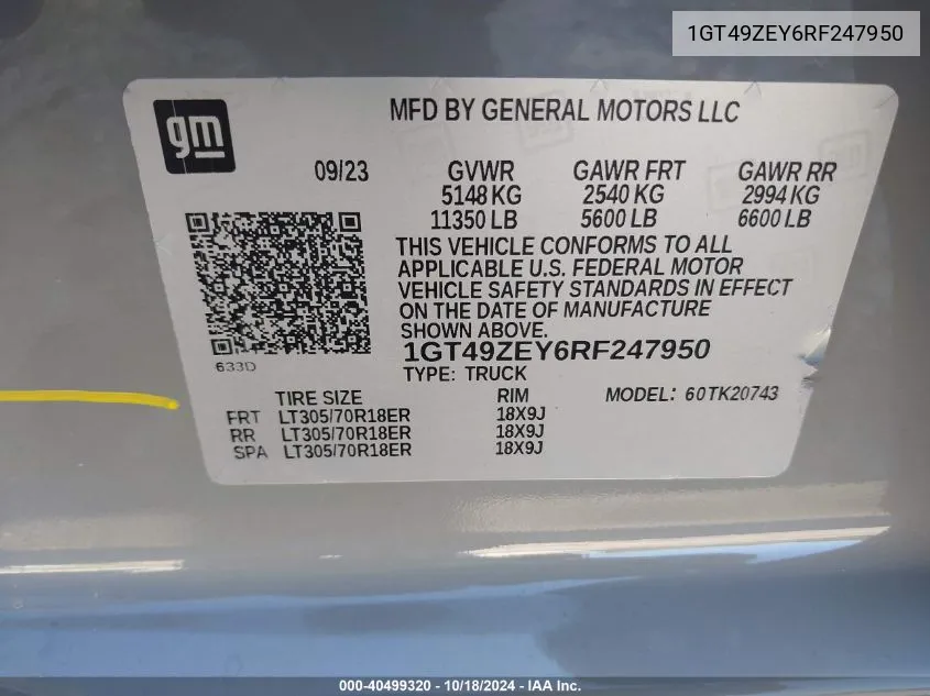 2024 GMC Sierra 2500Hd 4Wd Standard Bed At4X VIN: 1GT49ZEY6RF247950 Lot: 40499320