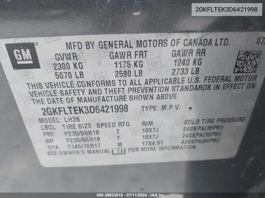 2GKFLTEK3D6421998 2013 GMC Terrain Sle-2