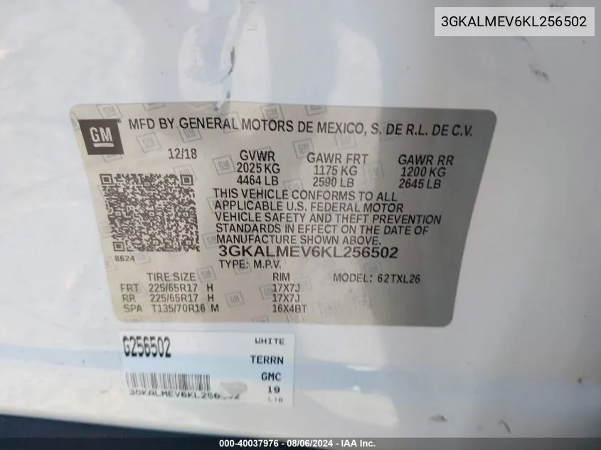 3GKALMEV6KL256502 2019 GMC Terrain Sle