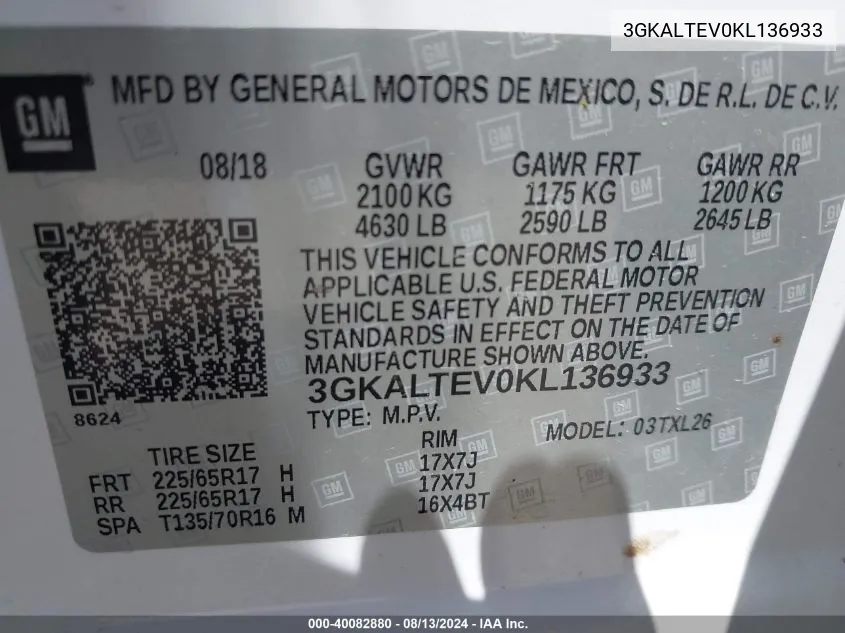 3GKALTEV0KL136933 2019 GMC Terrain Sle