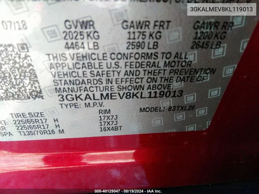 3GKALMEV8KL119013 2019 GMC Terrain Sle