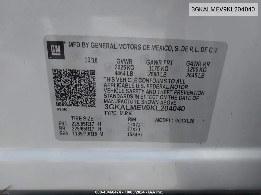 3GKALMEV9KL204040 2019 GMC Terrain Sle