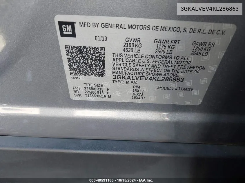 3GKALVEV4KL286863 2019 GMC Terrain Slt