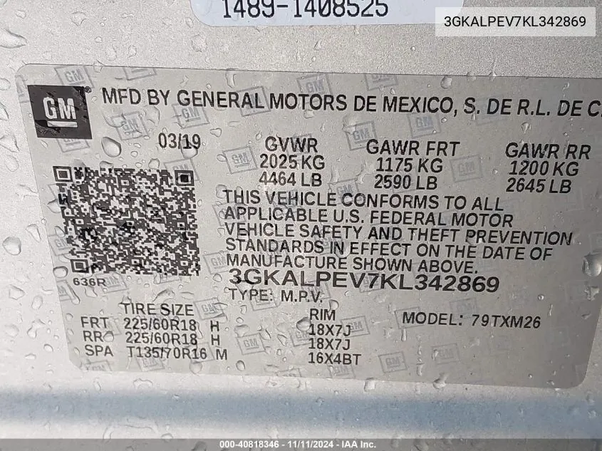 3GKALPEV7KL342869 2019 GMC Terrain Slt