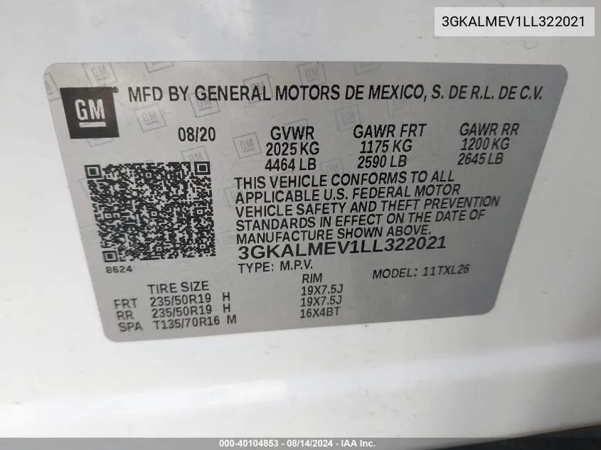 2020 GMC Terrain Fwd Sle VIN: 3GKALMEV1LL322021 Lot: 40104853