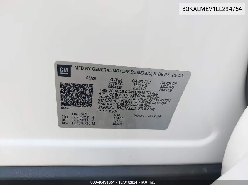 3GKALMEV1LL294754 2020 GMC Terrain Fwd Sle