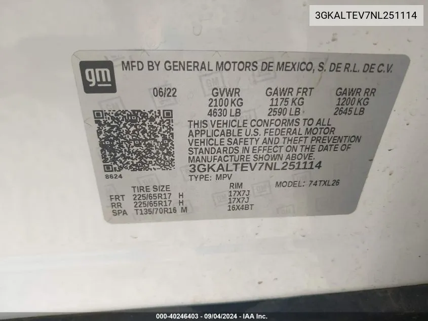 3GKALTEV7NL251114 2022 GMC Terrain Sle