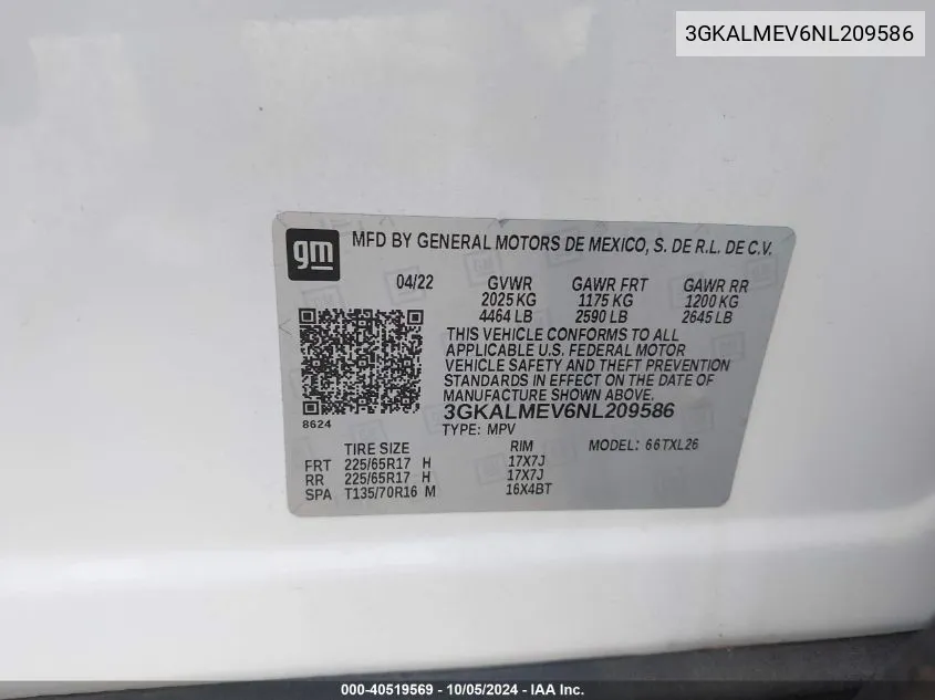 3GKALMEV6NL209586 2022 GMC Terrain Fwd Sle