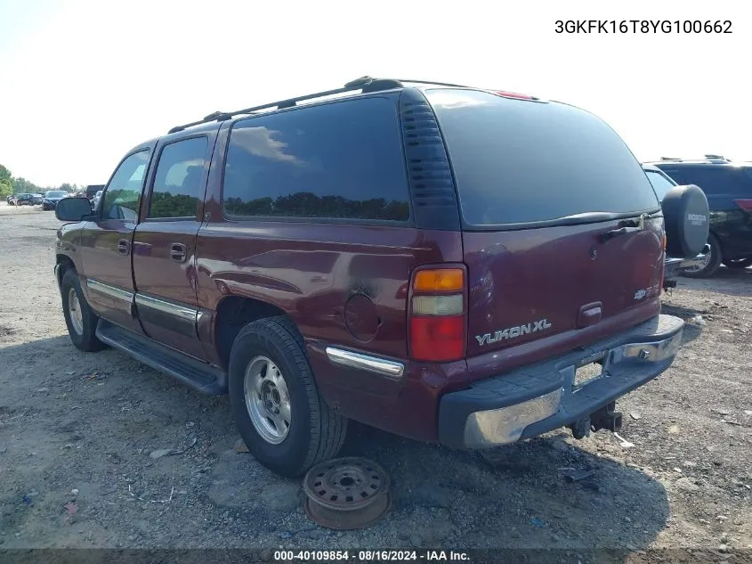 2000 GMC Yukon Xl 1500 Slt VIN: 3GKFK16T8YG100662 Lot: 40109854