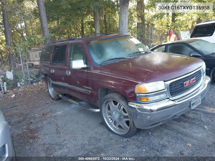 2000 GMC Yukon Xl 1500 Slt VIN: 3GKEC16TXYG136958 Lot: 40663872