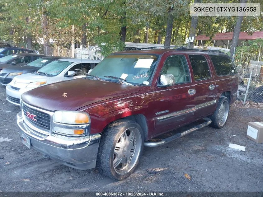 2000 GMC Yukon Xl 1500 Slt VIN: 3GKEC16TXYG136958 Lot: 40663872