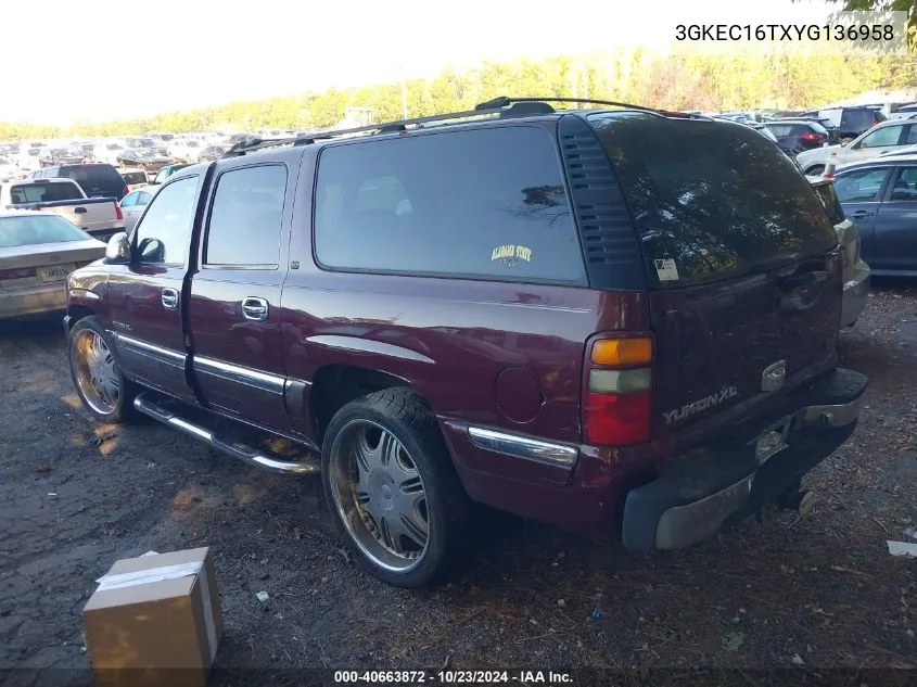 2000 GMC Yukon Xl 1500 Slt VIN: 3GKEC16TXYG136958 Lot: 40663872