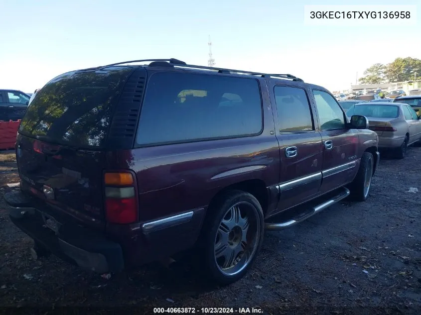 2000 GMC Yukon Xl 1500 Slt VIN: 3GKEC16TXYG136958 Lot: 40663872