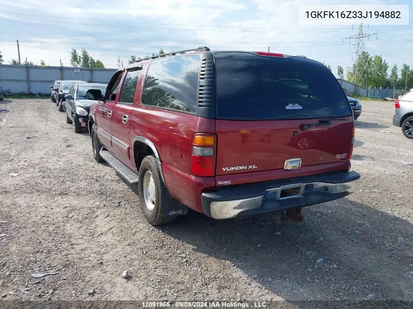 2003 GMC Yukon Xl K1500 VIN: 1GKFK16Z33J194882 Lot: 12091965