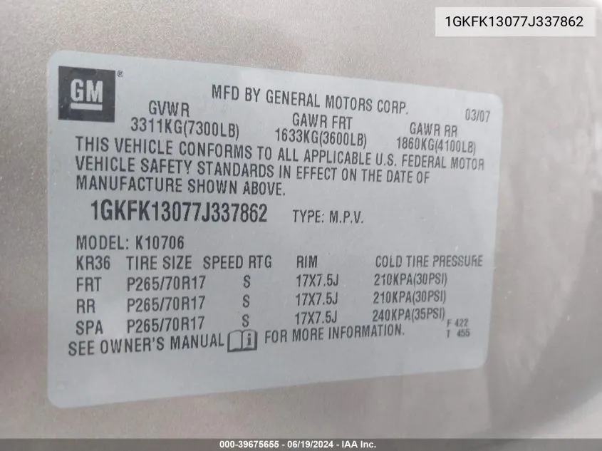 2007 GMC Yukon Slt VIN: 1GKFK13077J337862 Lot: 39675655