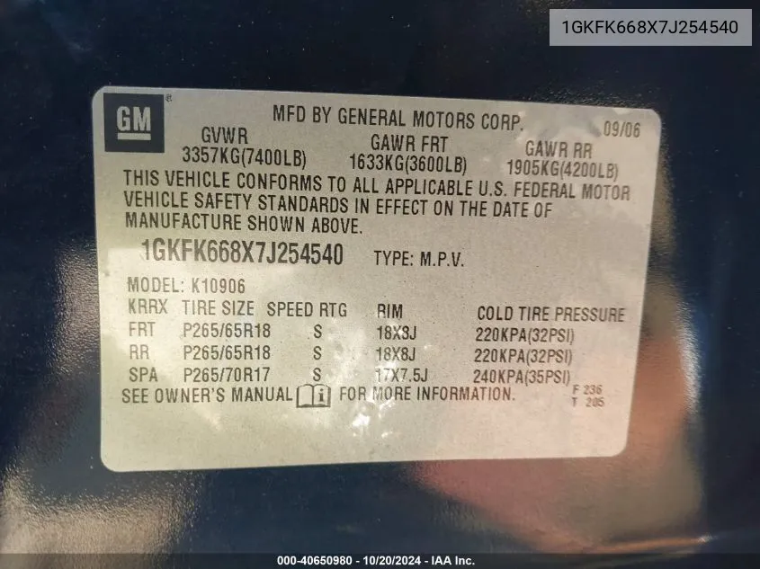 1GKFK668X7J254540 2007 GMC Yukon Xl 1500 Denali